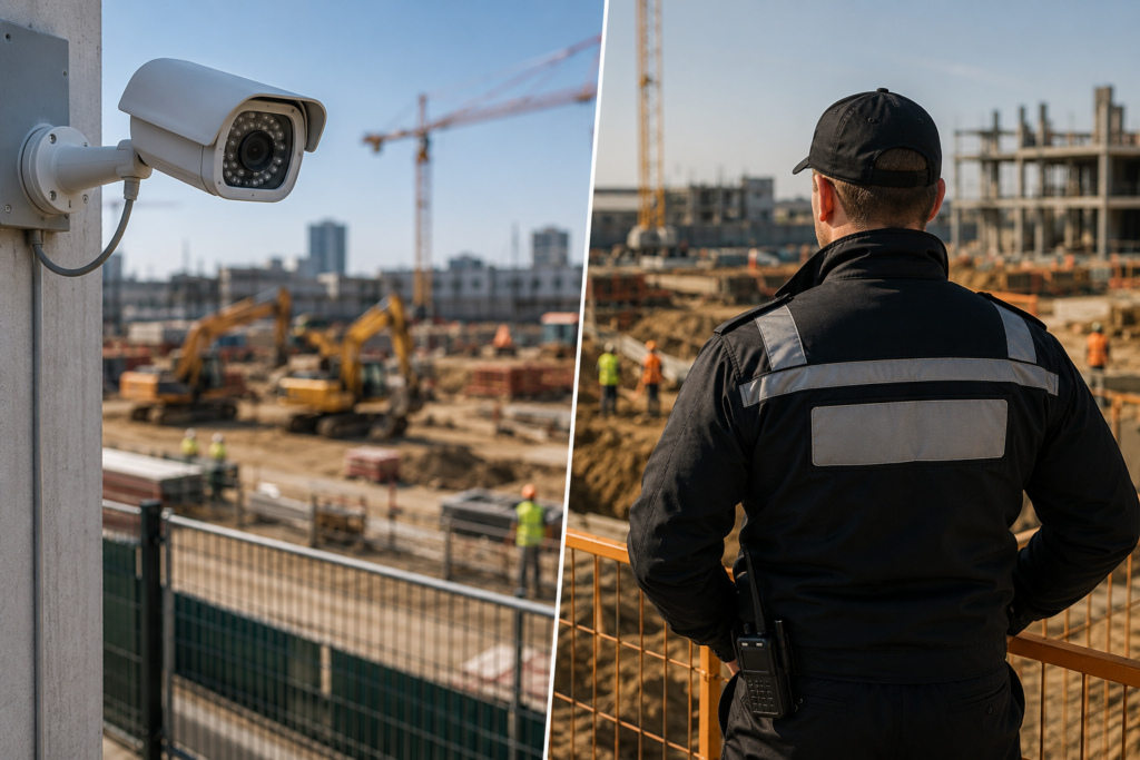 Construction site security with surveillance camera and on-site security guard monitoring a commercial building project