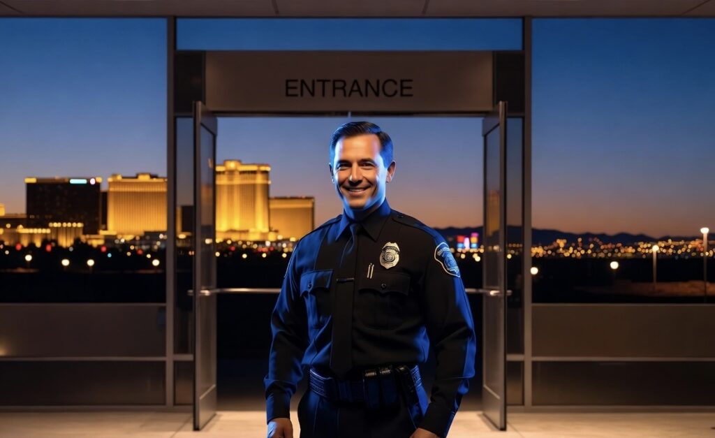 An unarmed security officer providing professional protection at Las Vegas retail or hotel entrance with city lights in background