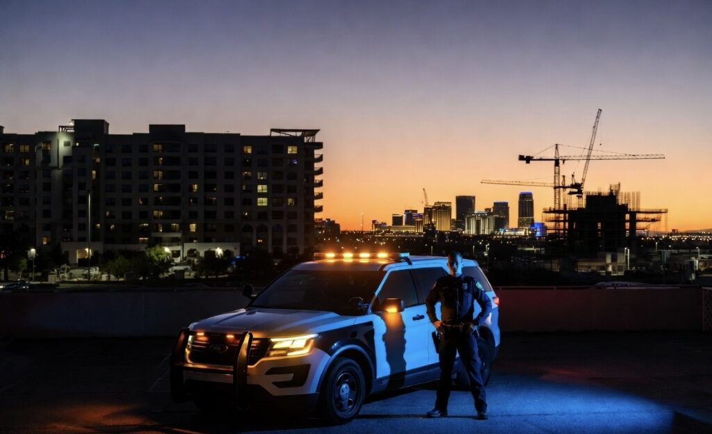 Veteran security officer standing beside marked patrol SUV in front of Las Vegas apartment buildings and construction cranes at sunset