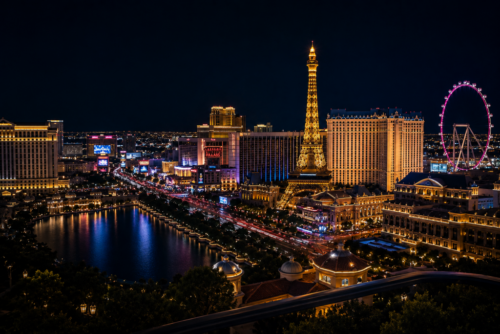 "Las Vegas skyline at night highlighting security challenges and protection for casinos, construction, and retail"